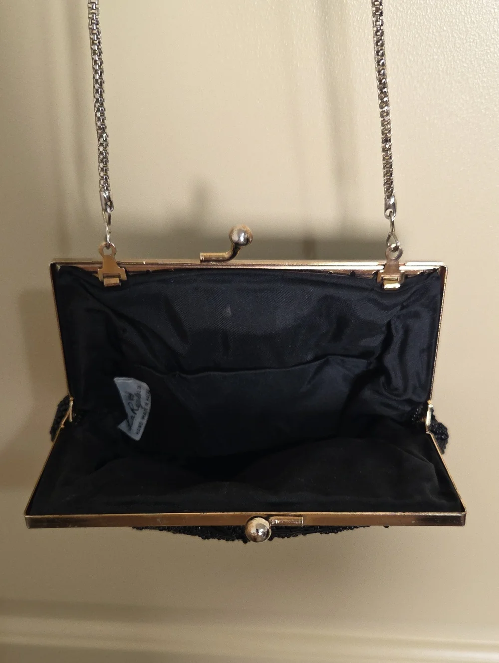 La Regale Vintage 1950's Black Beaded Shell-Style Clutch with Chain